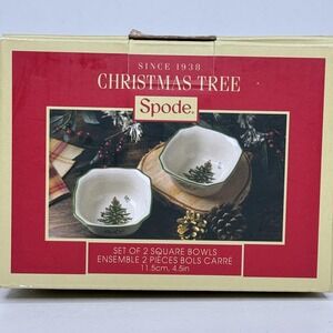 Spode Christmas Tree Square Dessert Bowls Set Of 2 Earthenware Xmas 4.5" New